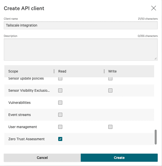 Create API client: Client name: Tailscale integration. Scope 'Zero Trust Assessment - Read' is enabled.