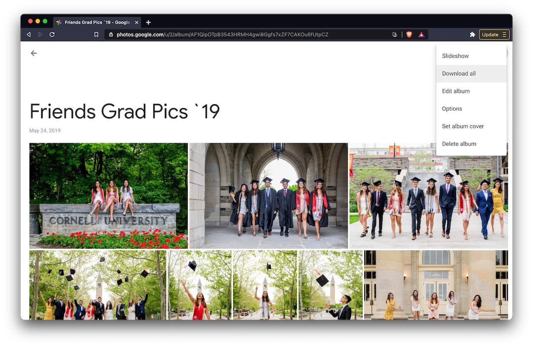 Example of a Google Photos album. The rightmost menu is open and 'Download all' is selected.