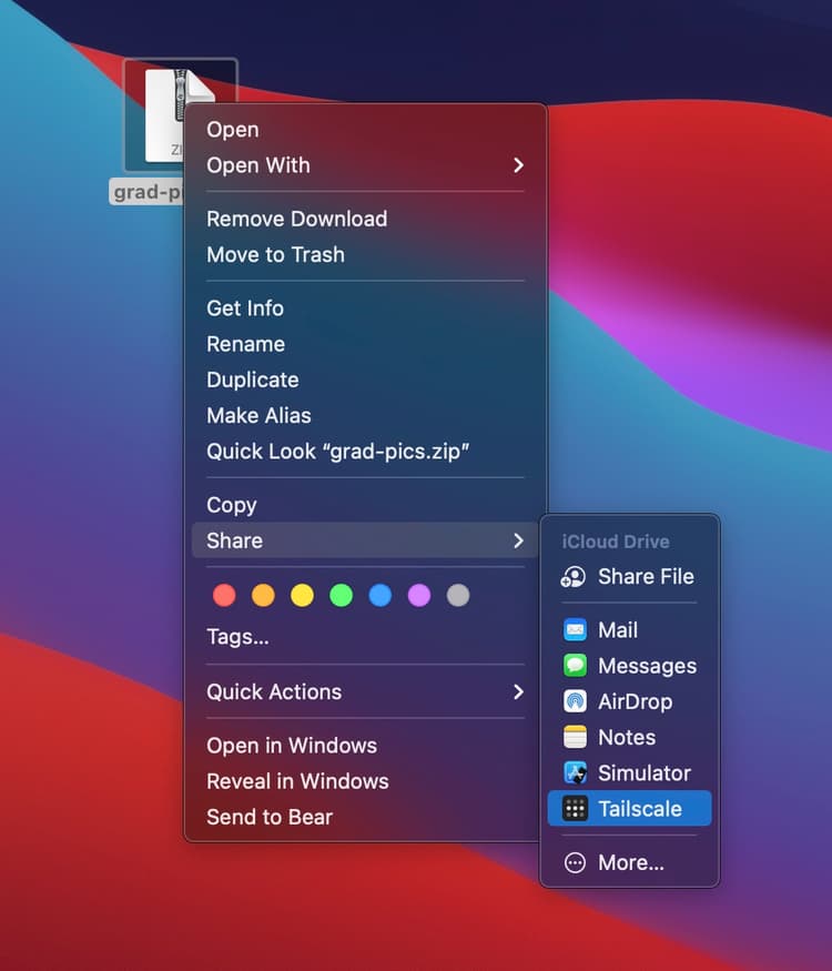 Context menu for a zip file of album photos. The 'Share' menu option is selected and opening a second menu. Tailscale is selected in the second menu.