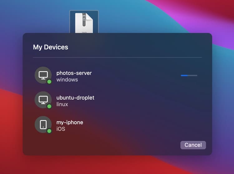 The modal window with a list of devices. The selected device has a progress bar to indicate the transfer is in progress.