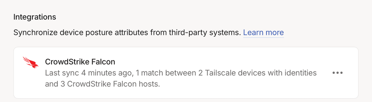 Integrations: CrowdStrike Falcon: Last sync 4 minutes ago, 1 match between 2 Tailscale devices with identifies and 3 CrowdStrike Falcon hosts.