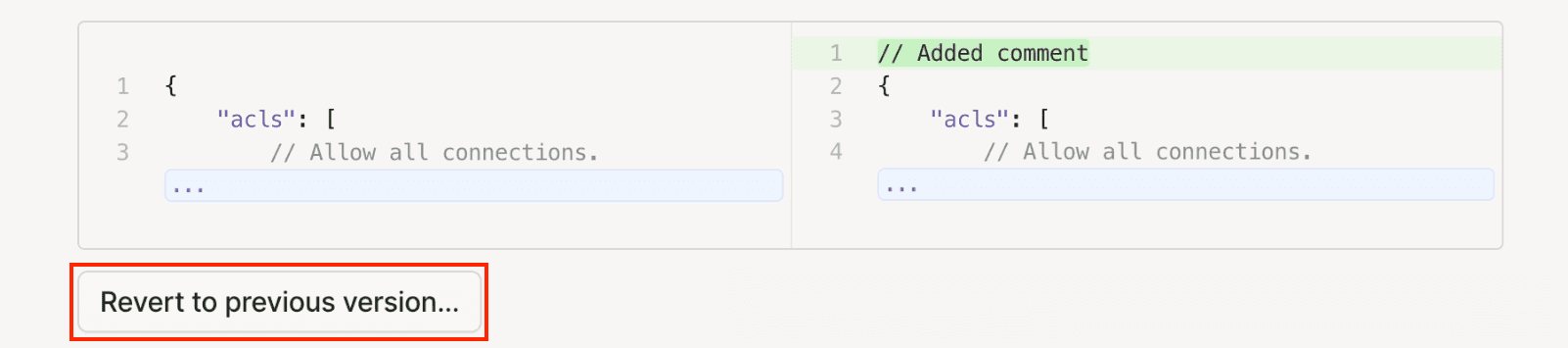 The policy file change display. Highlighting 'Revert to previous version'.