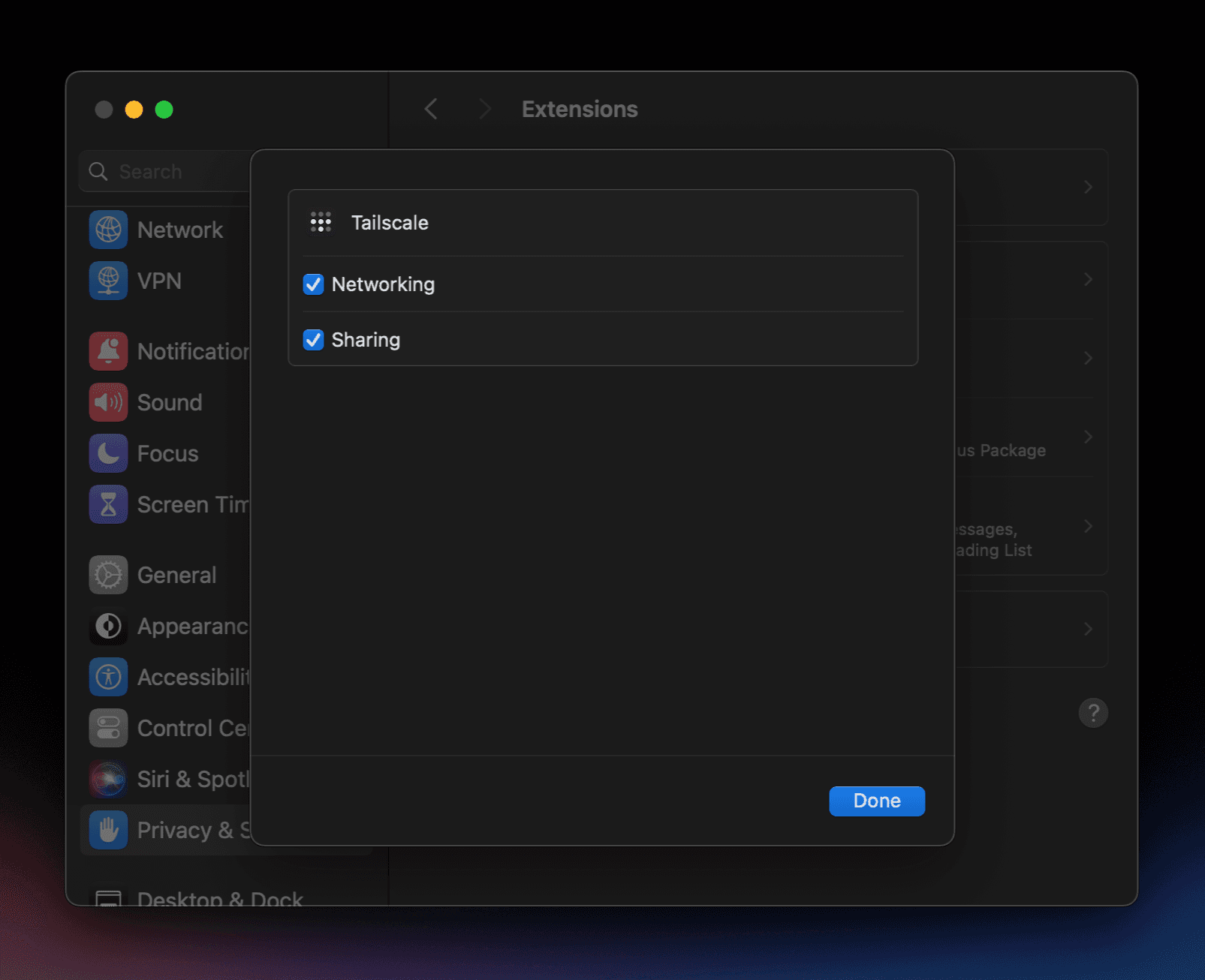 The macOS System Settings window for the Tailscale extension with 'Sharing' checked.