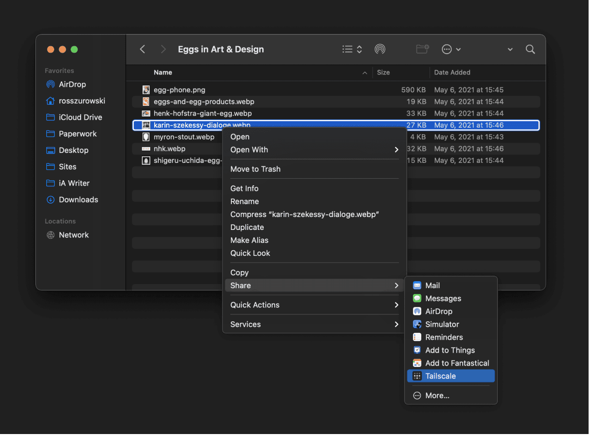 A macOS Finder window with a file's context menu open. The 'Share' menu option is selected and opening a second menu. Tailscale is selected in the second menu.