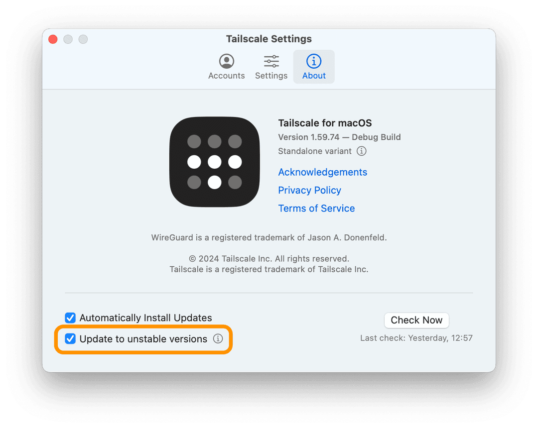 The macOS client Settings dialog with the About pane opened. Highlighting the 'Update to unstable versions' toggle.
