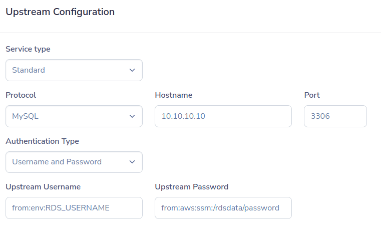 Database credentials are loaded from the environment variable and AWS SSM parameter store.