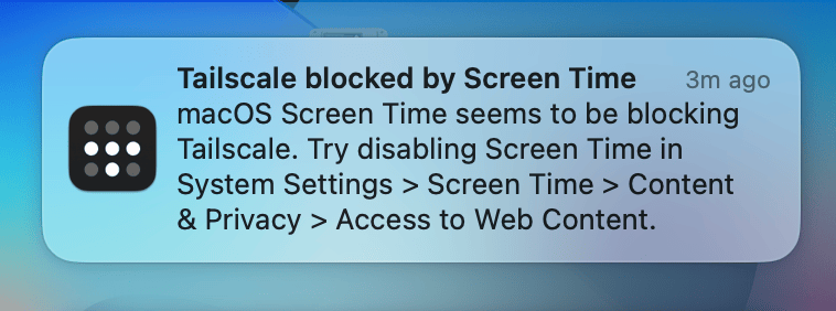 The notification for 'Tailscale blocked by Screen Time' in macOS.