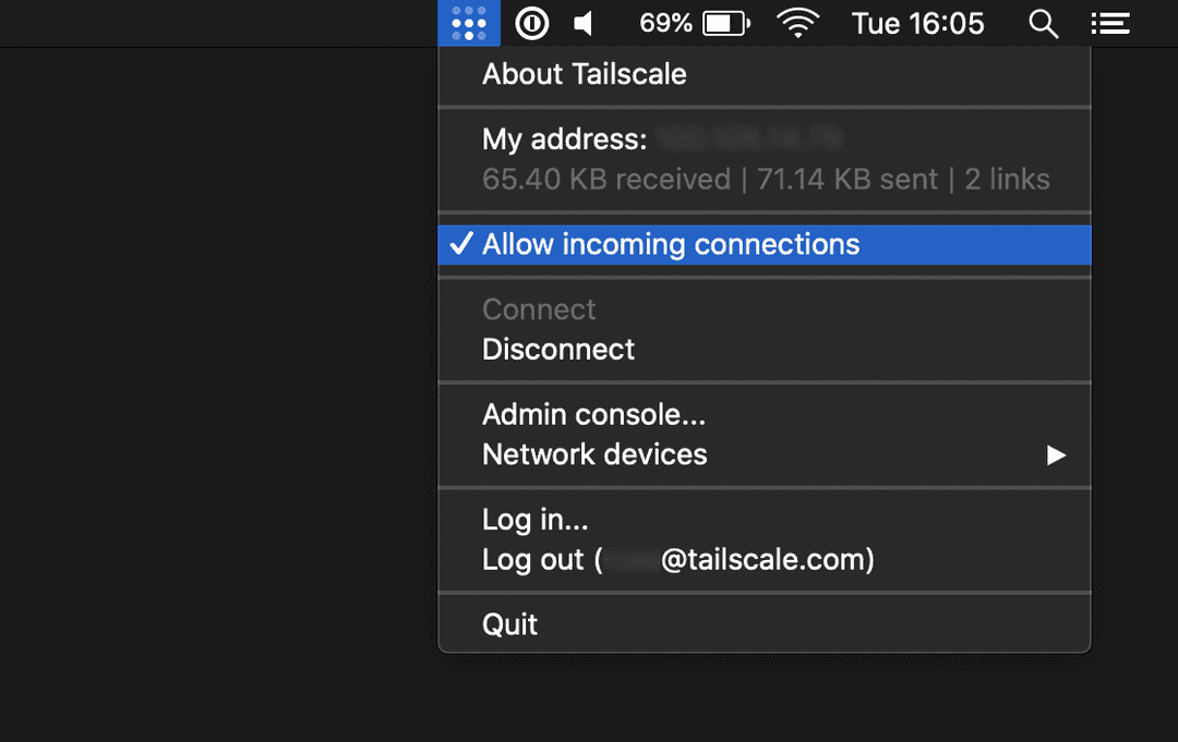The Tailscale application menu opened from the macOS menu bar with the 'Allow incoming connections' option checked.