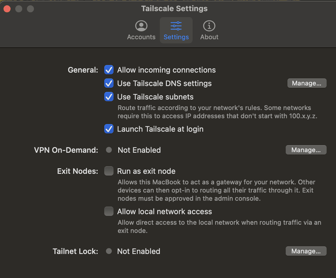 Tailscale Settings window with the 'Settings' tab selected. The 'Allow incoming connections' checkbox is checked.