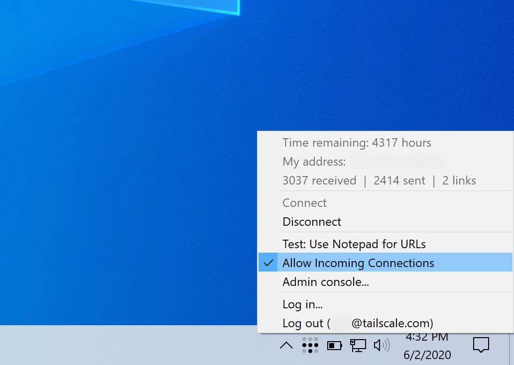 The Tailscale application menu opened from the Windows system tray with 'Allow Incoming Connections' checked.
