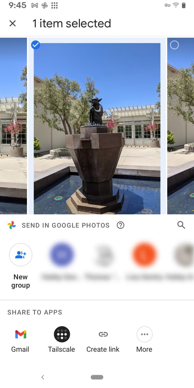 An example of the share options for a photo. In the list of applications, the Tailscale application is listed.