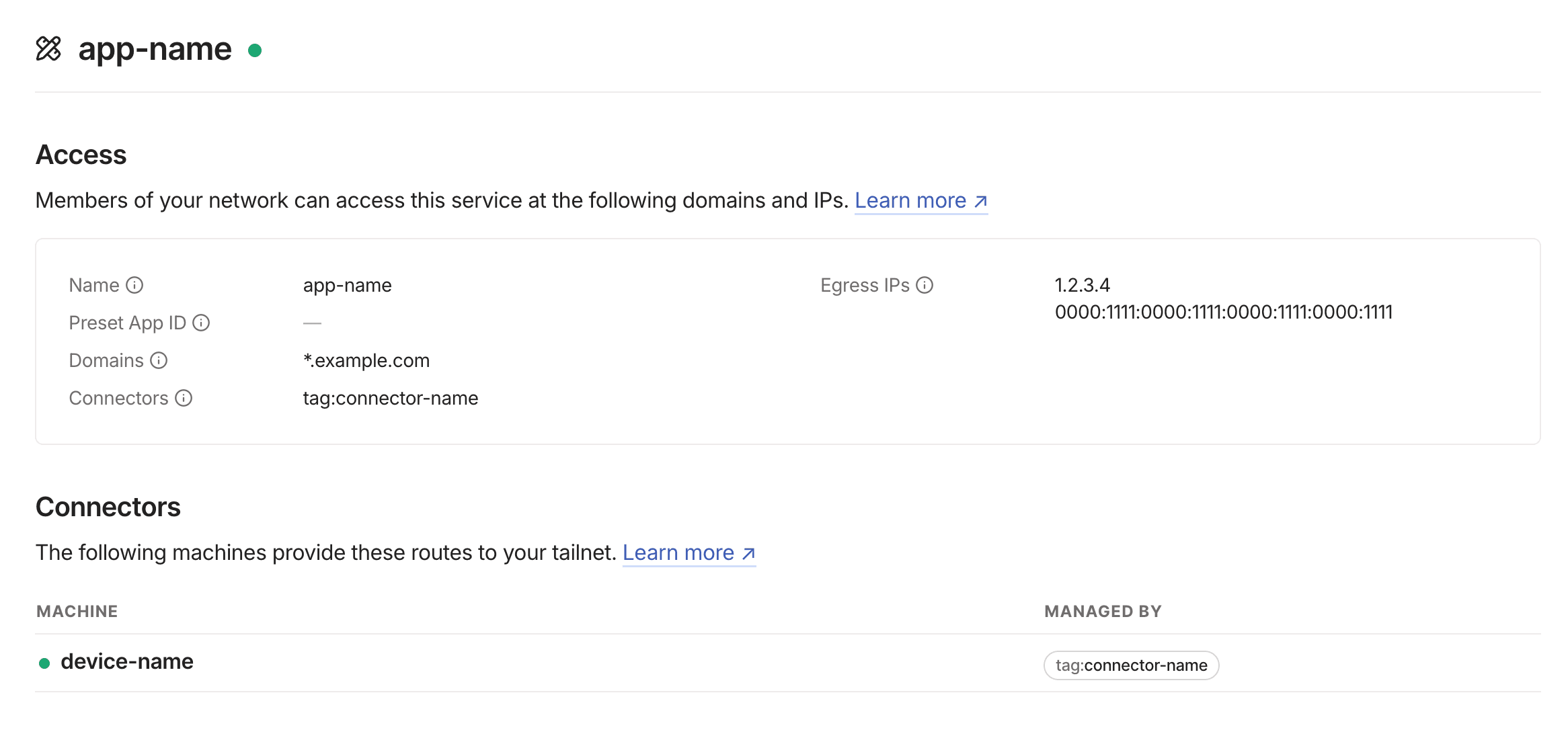 App connector details for a custom app.