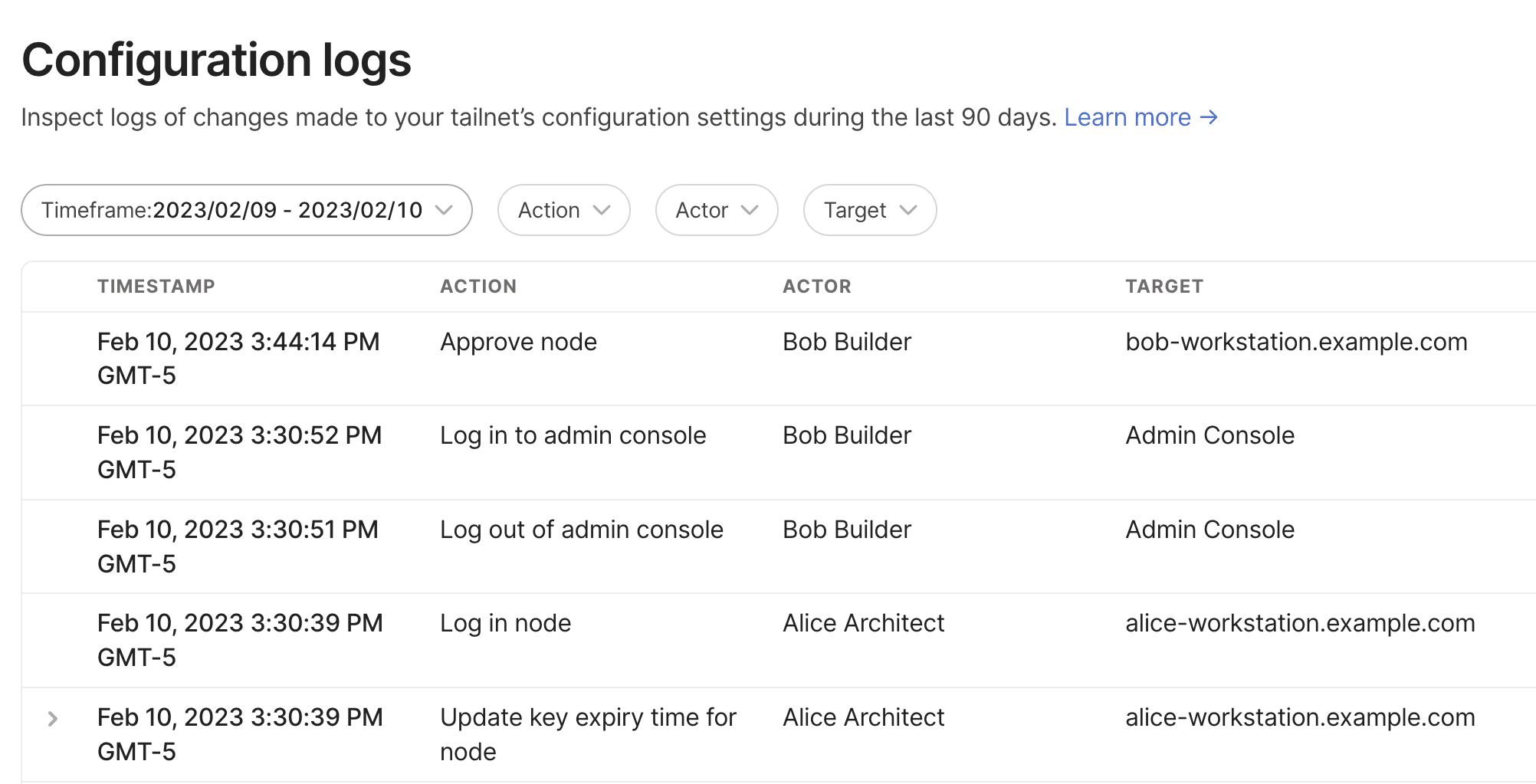 The Logs page of the admin console listing example configuration logs.