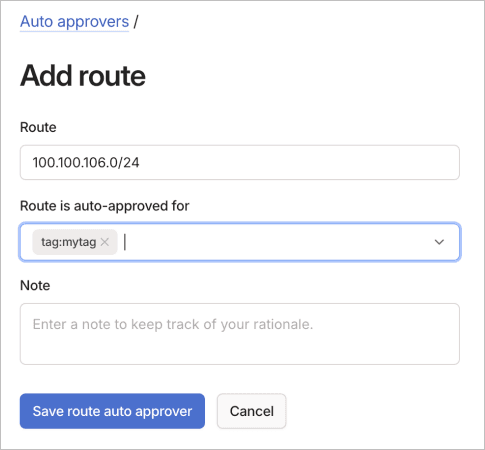Add route auto approver form with fields for route CIDR and approvers selection.