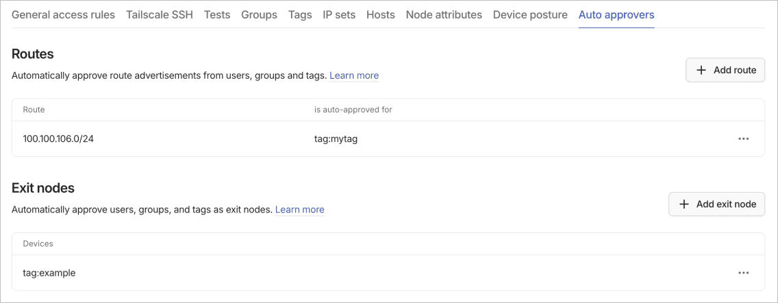 Auto approvers tab with Routes section showing 100.100.106.0/24 auto-approved for tag:mytag, and Exit nodes section showing tag:example as an auto-approved exit node.