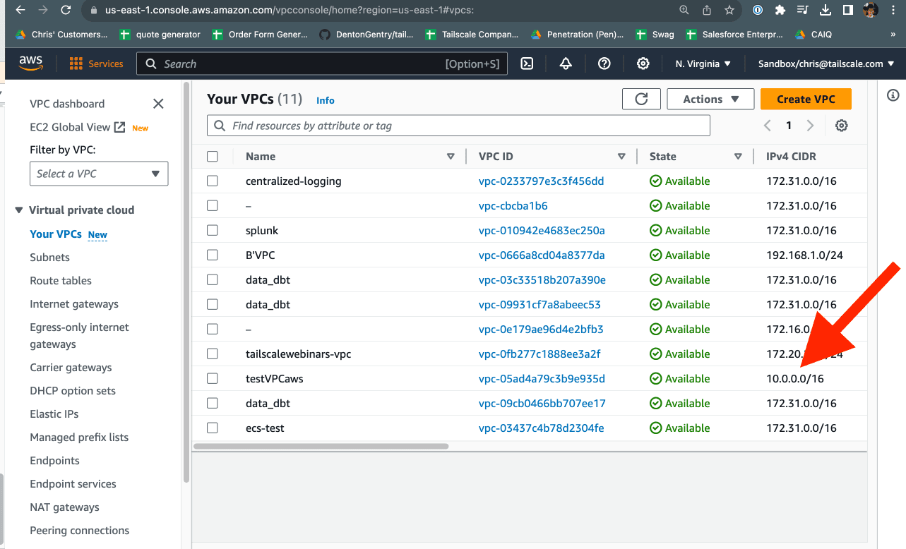 The AWS VPC page listing available VPCs. Highlighting an IPv4 CIDR range.