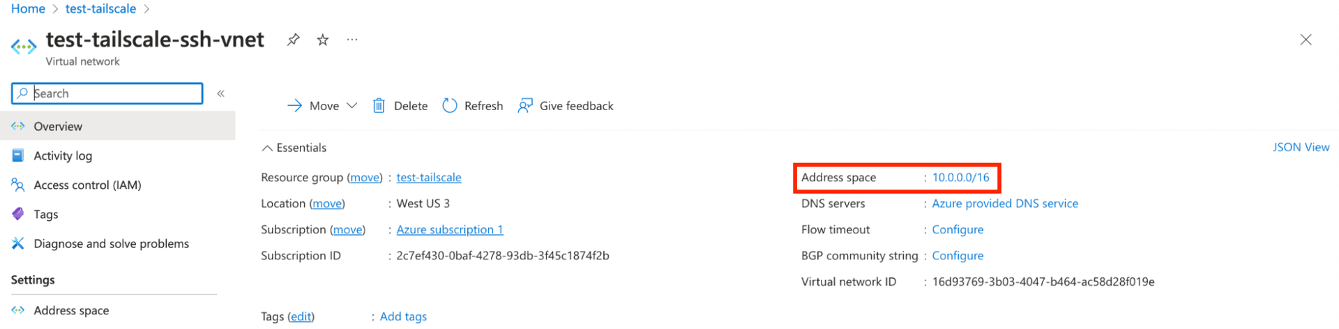 The Azure virtual network page with the details for a virtual network. Highlighting the IPv4 CIDR range.