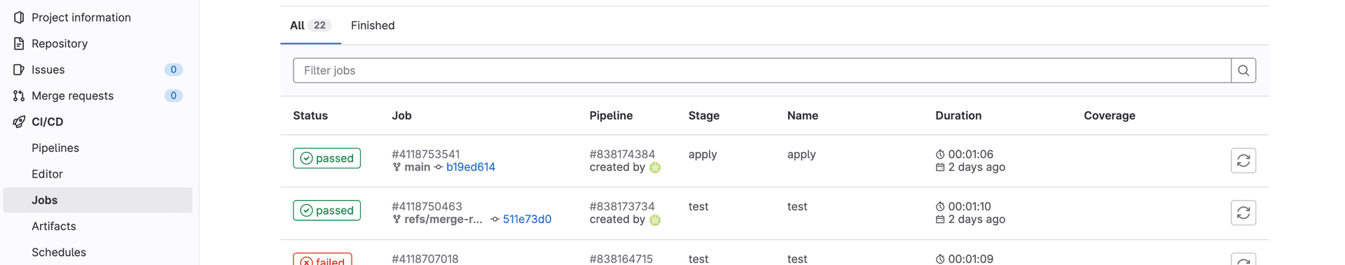 The GitLab CI workflow interface. Listing 'test' and 'apply' jobs.