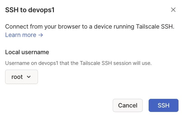 SSH to machine dialog. It features a select menu for 'Local username', a Cancel button, and a SSH button.