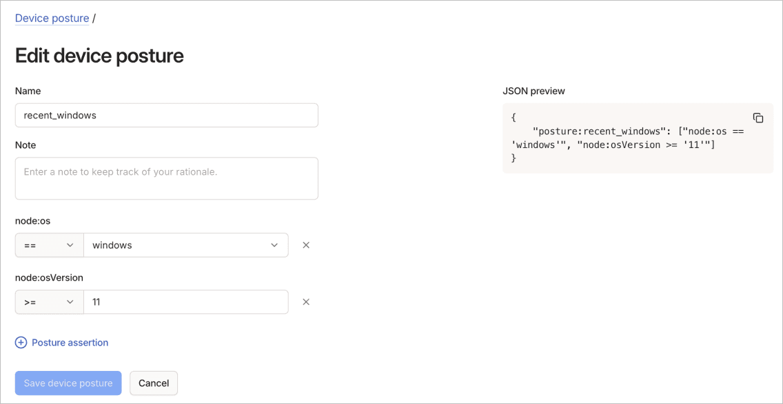 Edit device posture rule form showing fields for modifying posture requirements and conditions.