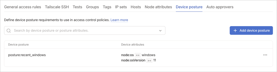 Device posture tab displaying posture:recent_windows rule requiring node:os == windows and node:osVersion >= 11.