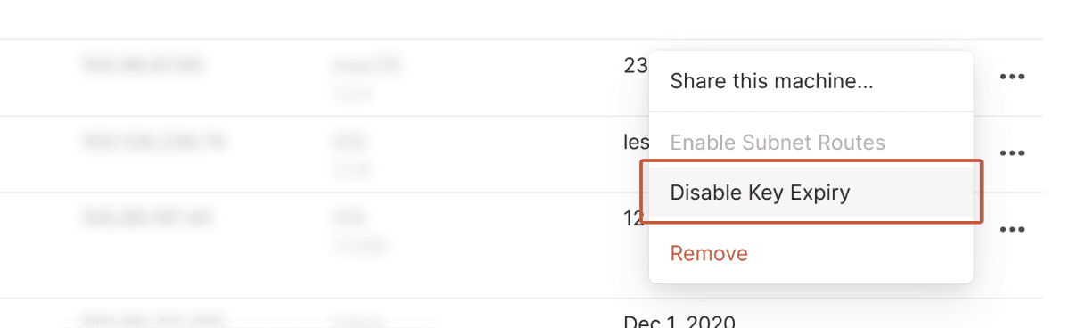 Menu in the admin console with the 'Disable Key Expiry' option indicated with a red outline.