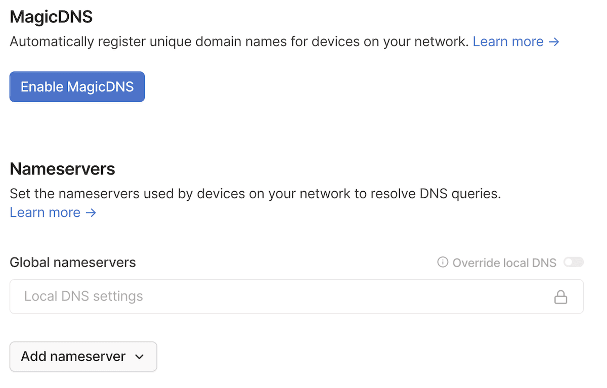 The DNS page of the admin console with the sections for MagicDNS and nameservers.