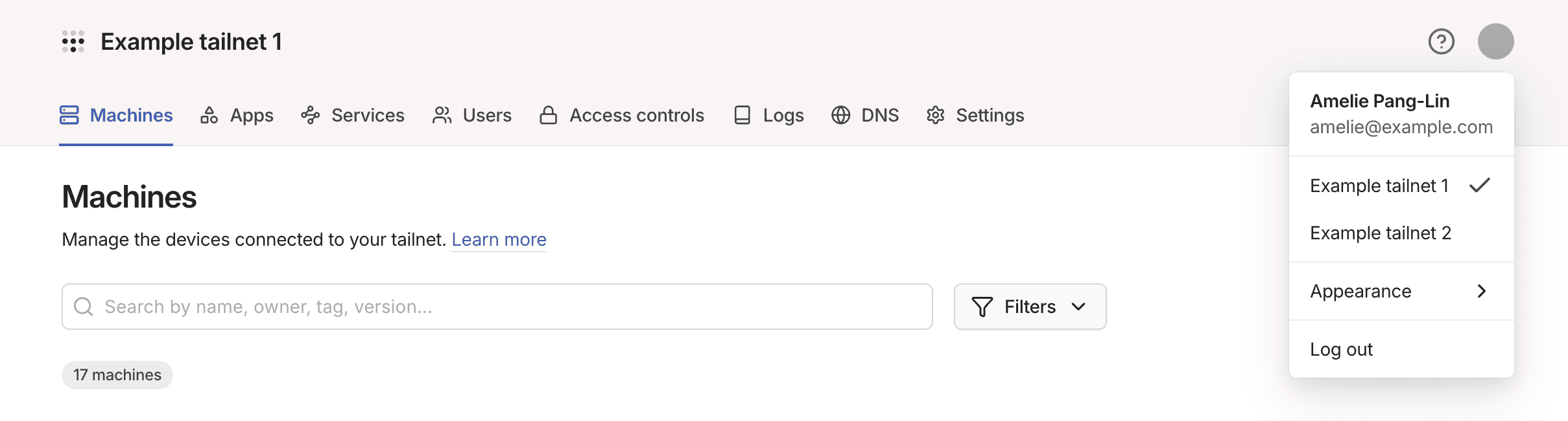 The Tailscale admin console with the user menu underneath the user's profile picture expanded. Listing additional tailnets that the user can switch to. As well as an option to join additional tailnets.