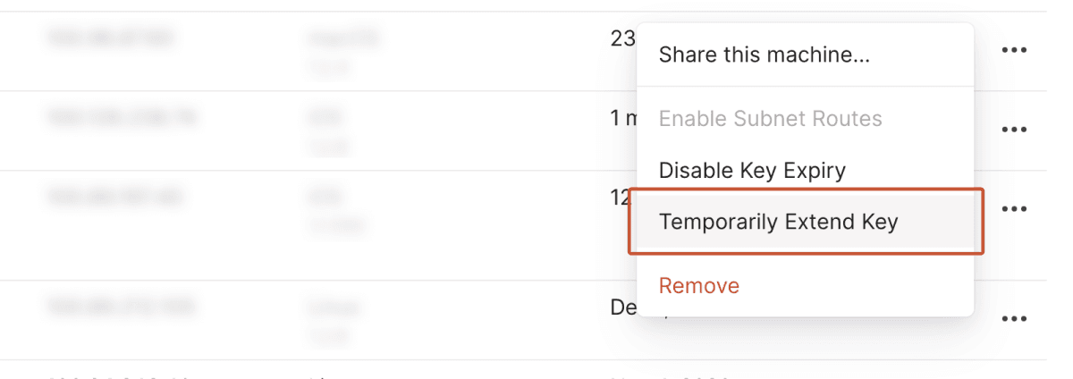 Menu in the admin console with the 'Temporarily Extend Key' option indicated with a red outline.