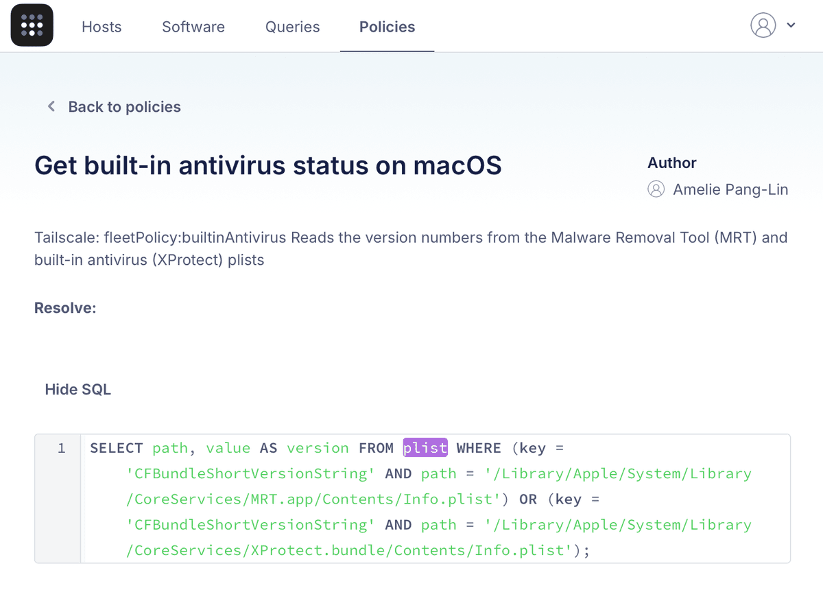 The Fleet configuration panel showing a policy which includes `Tailscale: fleetPolicy:builtinAntivirus` to set a `fleetPolicy:builtinAntivirus` node attribute on passing devices.