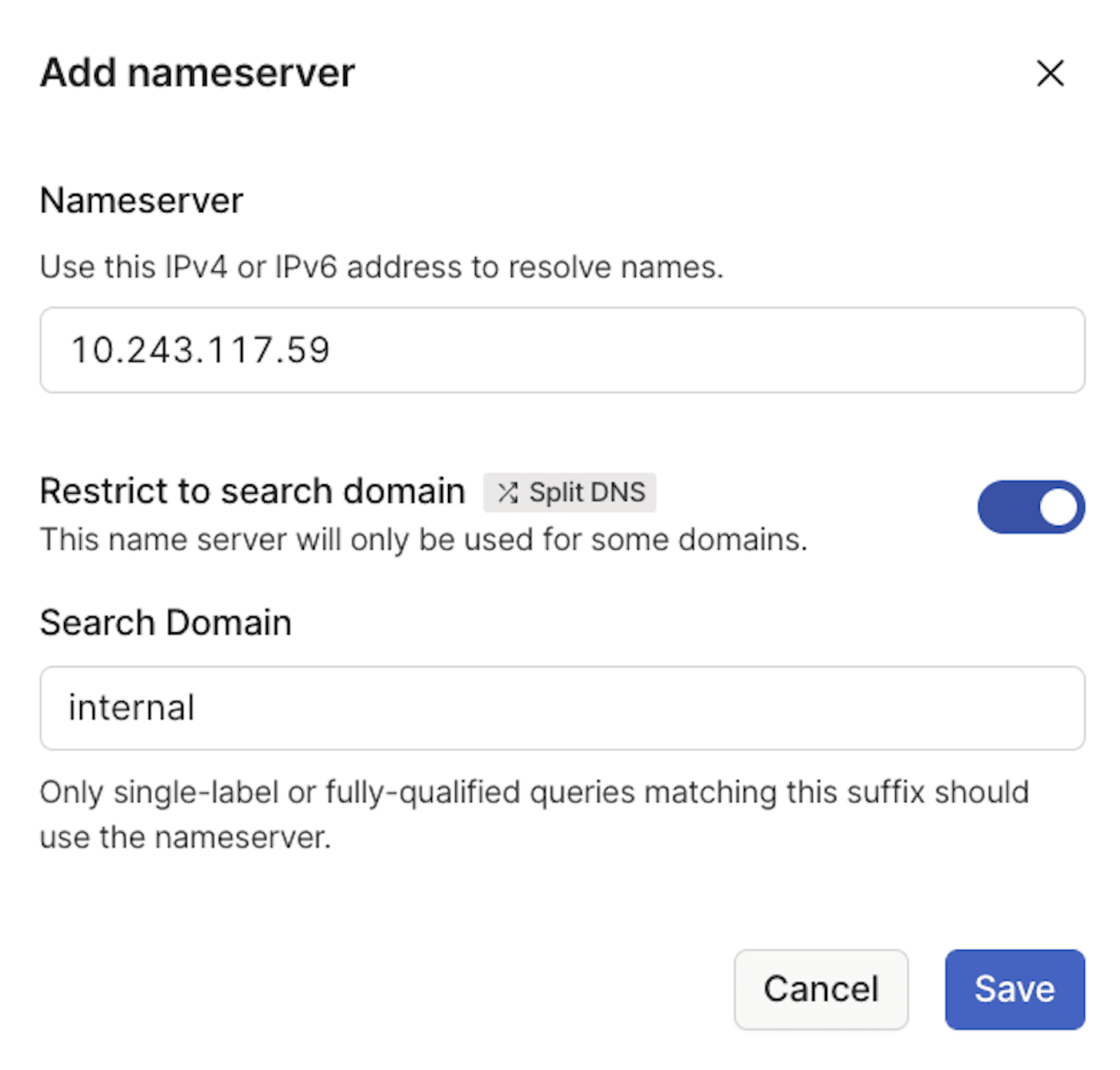 The Add nameserver configuration with an IP address and Search Domain set to internal.
