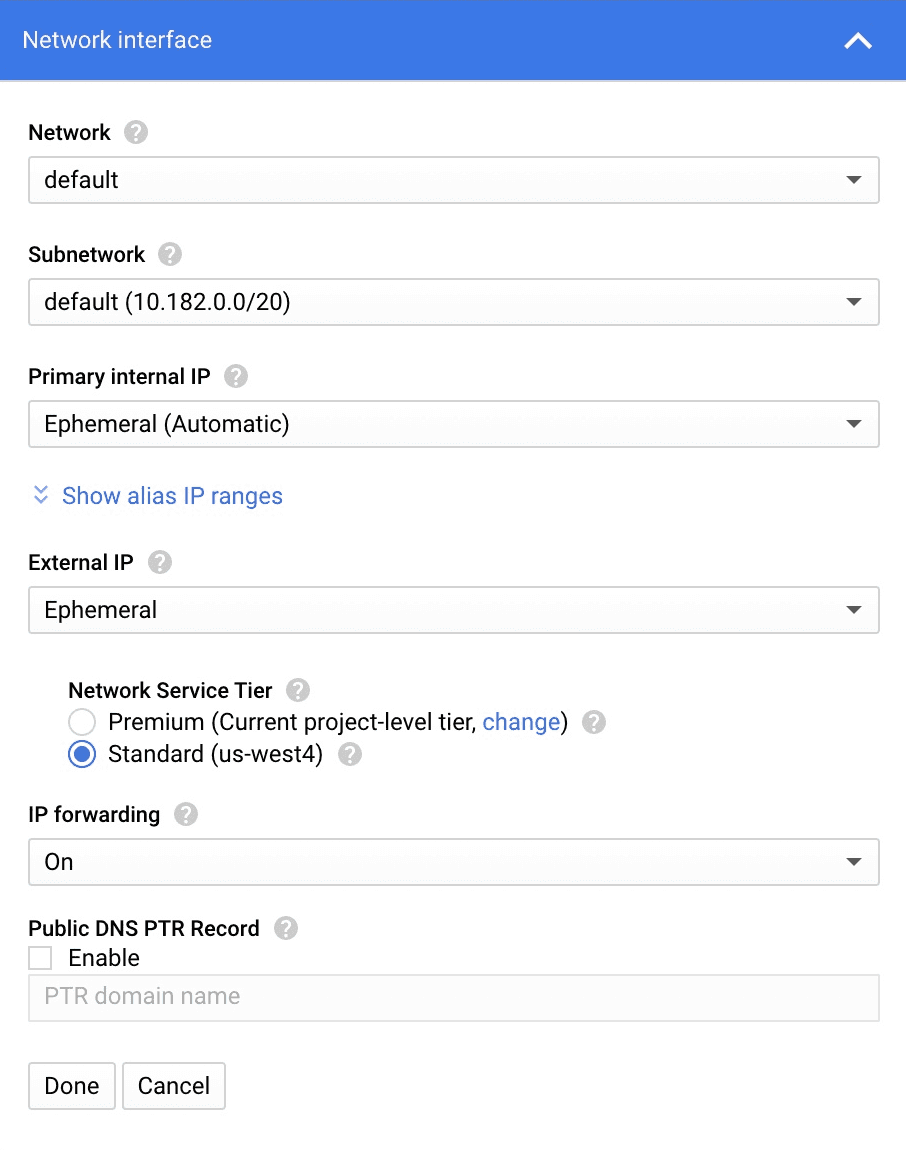 The Network Interface configurations featuring the IP forwarding setting.