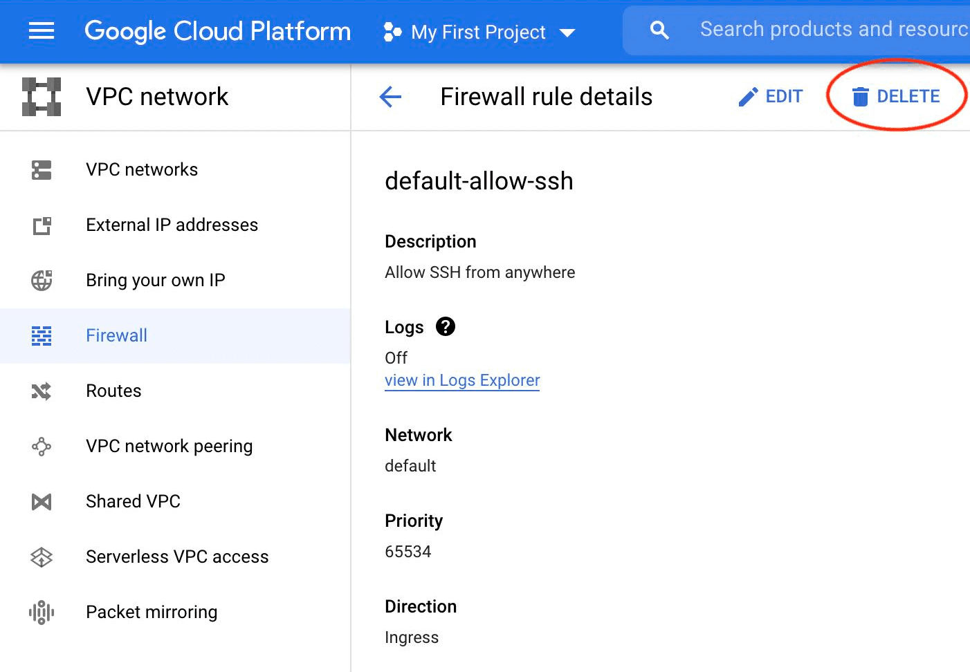 The firewall rule details for an example project highlighting a the Delete command in the top right.