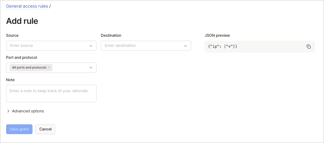 Add general access rule form with fields for source, destination, and network restrictions (ports and protocols).