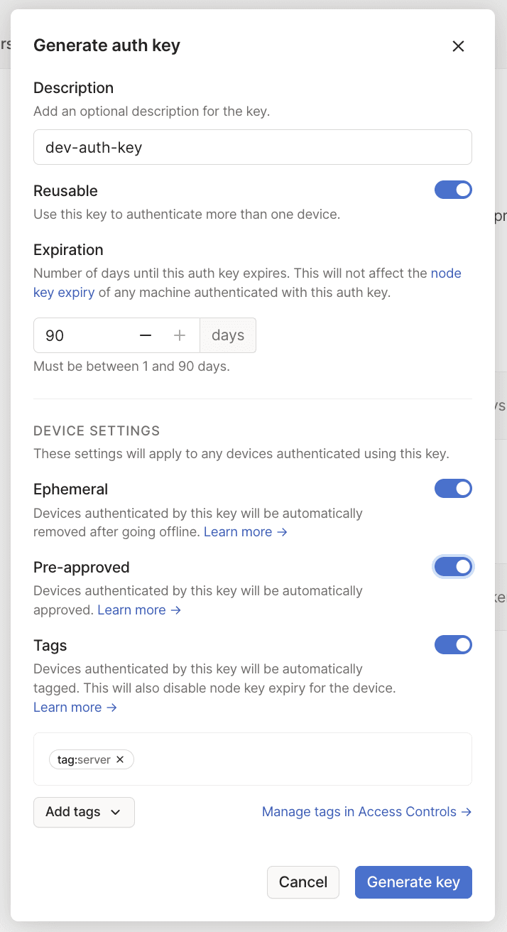 Tailscale's auth key generation page