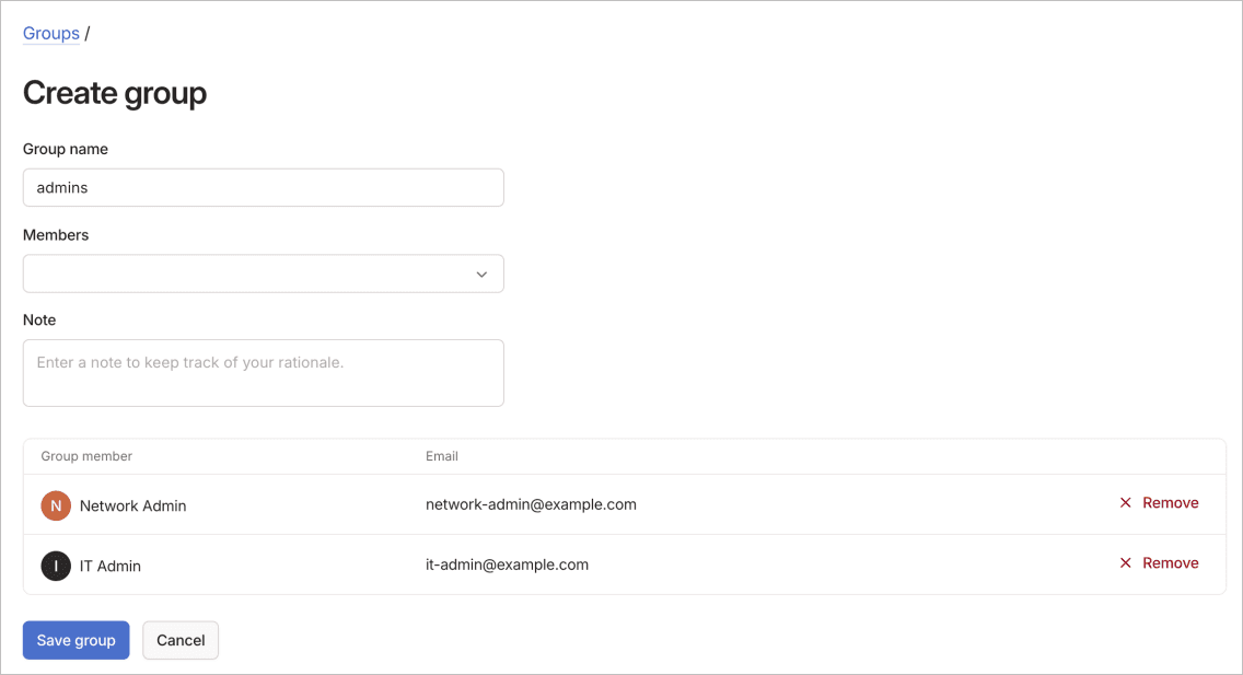 Create group form with fields for group name and members selection.