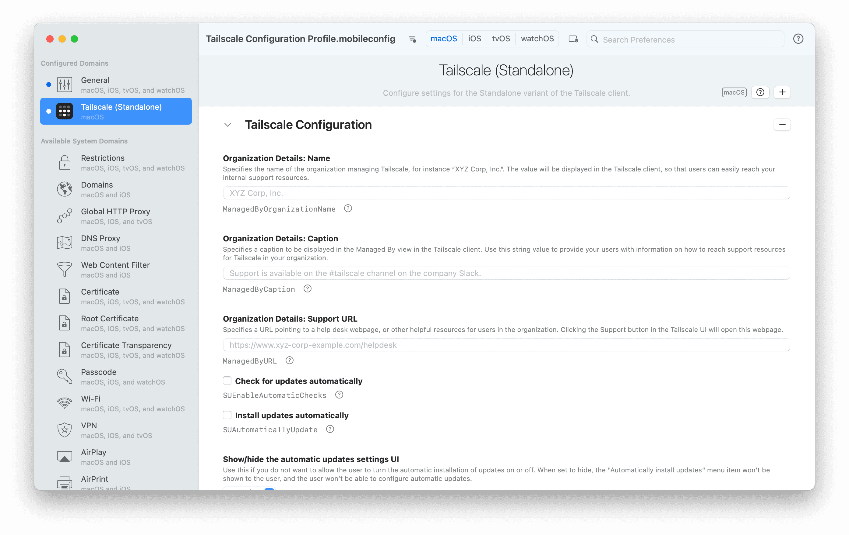 The iMazing Profile Editor configuring Tailscale system policies.