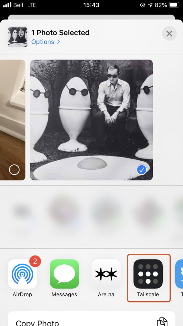 An example of the share options for a photo. In the list of applications, the Tailscale option is indicated with a red outline.