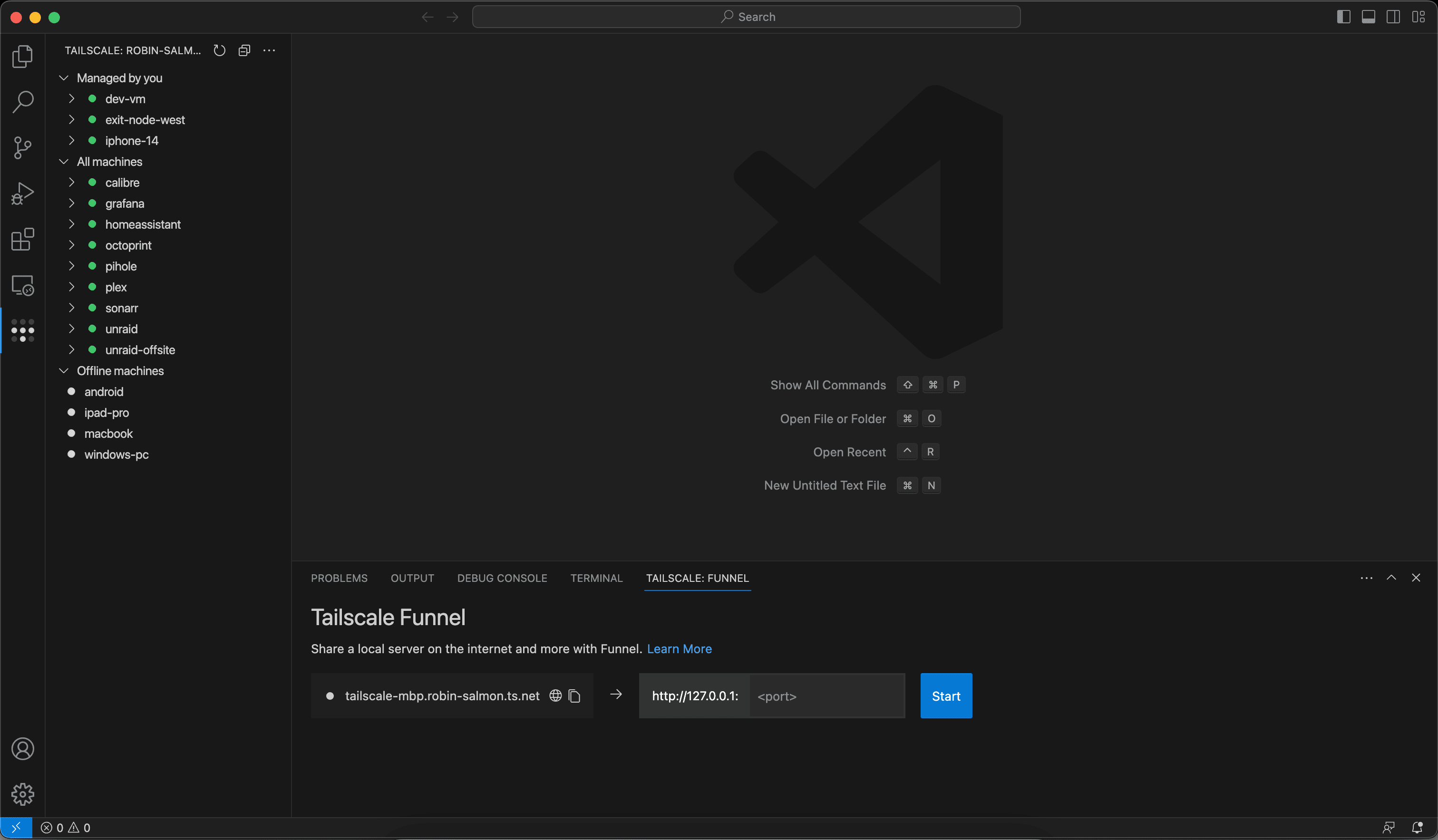VS Code with the Tailscale Funnel and Machine explorer panels.