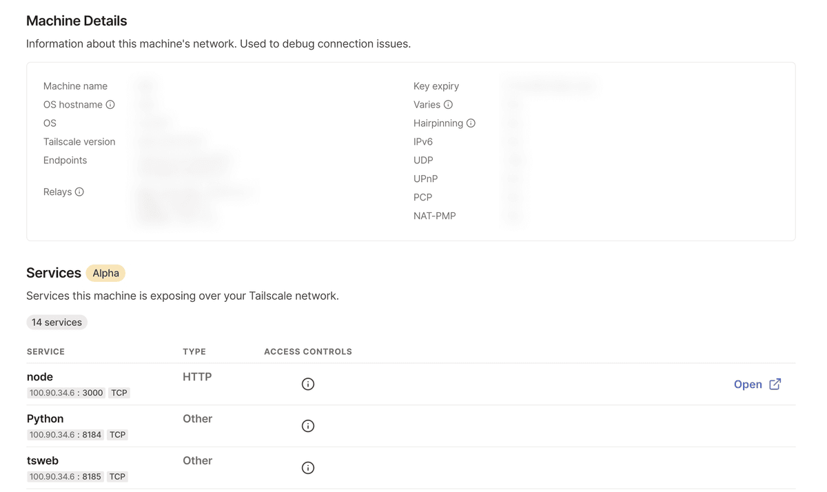 The Machine details page of the admin console with information about the machine's network and a list of endpoints exposed on the tailnet.