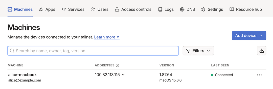 Machines page of the admin console.