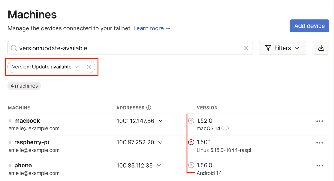 Devices showing the Tailscale client and filtered by available updates.