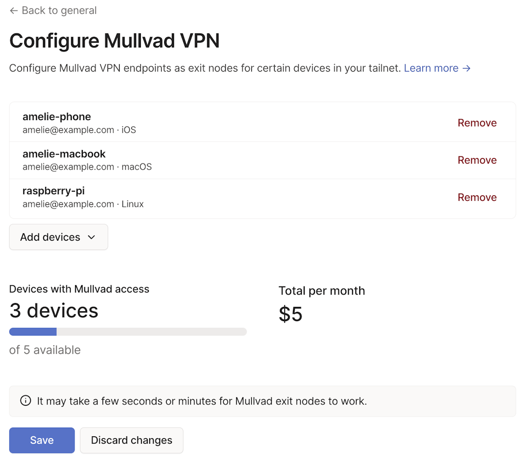 A screenshot displaying configuration of devices with Mullvad access.