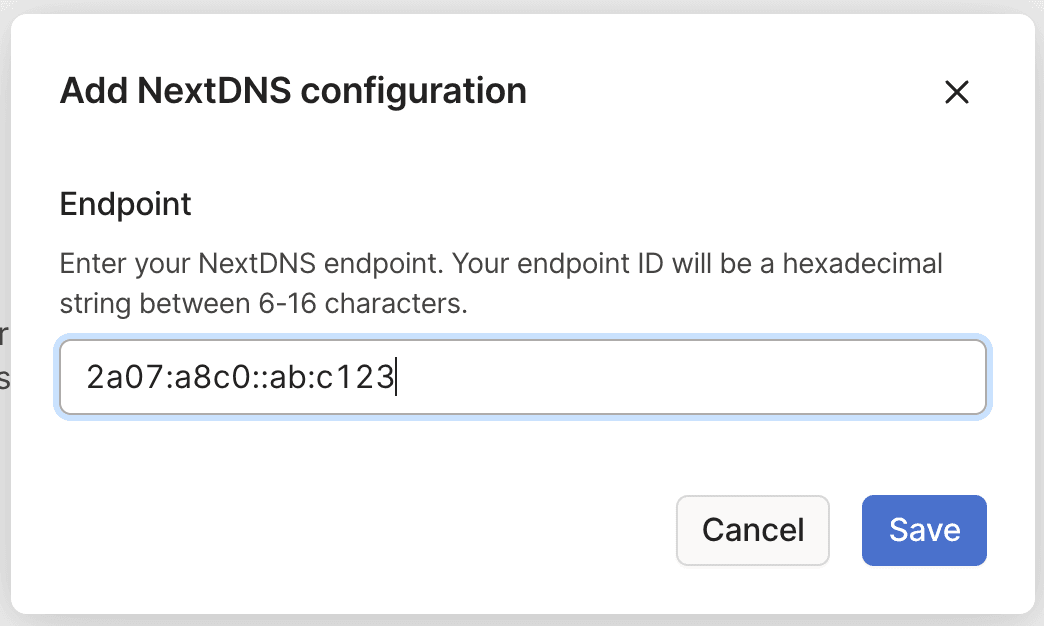 The 'Add NextDNS configuration' dialog. The 'Endpoint' field contains an IPv6 address.