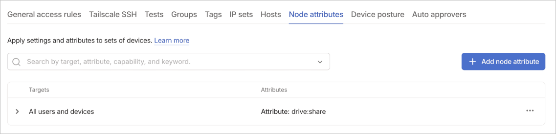Node attributes tab showing one attribute rule applying drive:share capability to all users and devices.
