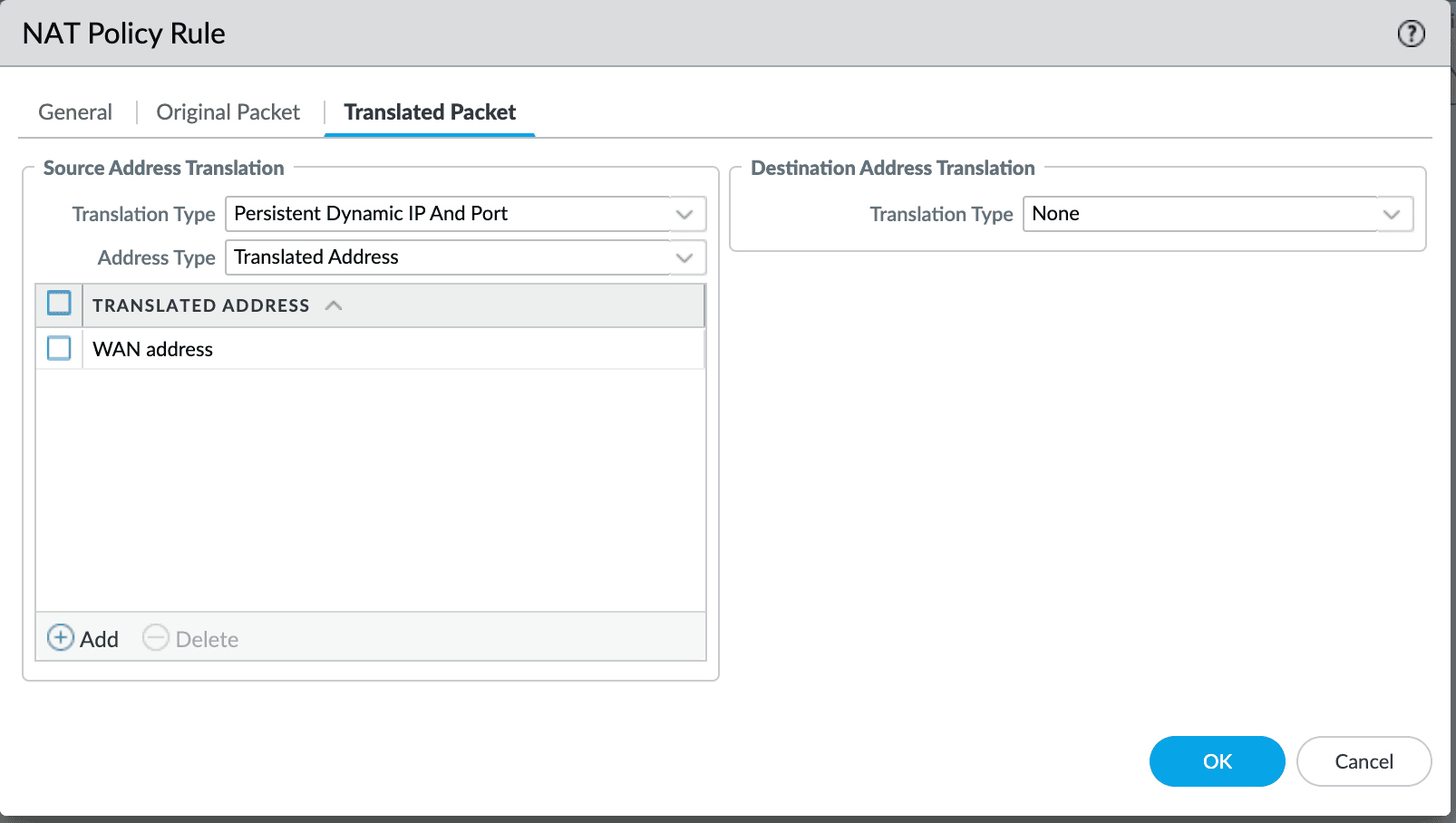 Palo Alto Networks interface for 'NAT Policy Rule'. The 'Translated Packet' tab is displayed. 'Translation Type' is set to 'Persistent Dynamic IP and Port'.