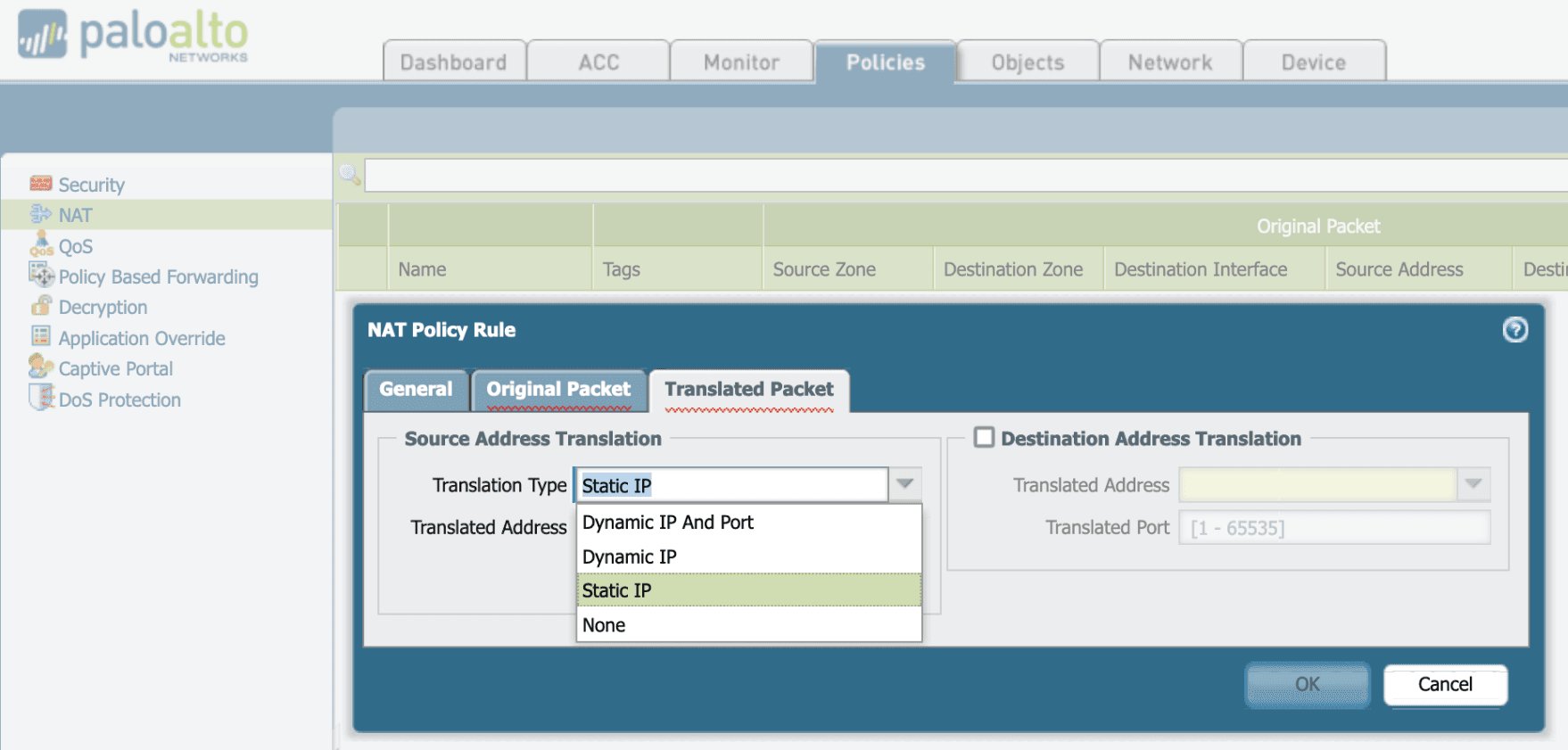 Older Palo Alto Networks interface for 'NAT Policy Rule'. The 'Translated Packet' tab is displayed. 'Transition Type' is set to 'Static IP'.