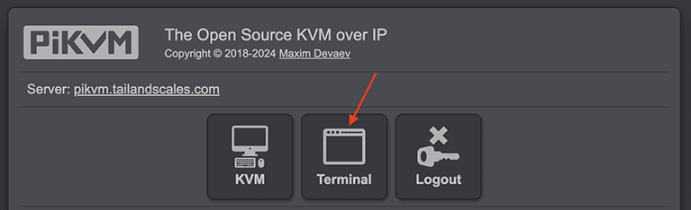 The pikvm web interface. Highlighting the 'Terminal' option.