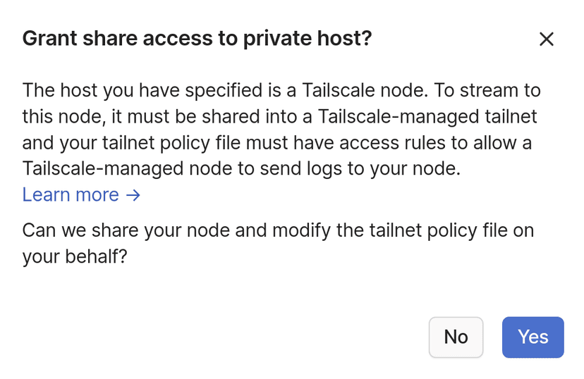 The 'Grant share access to private host' confirmation dialog to share the node or update the tailnet policy file.