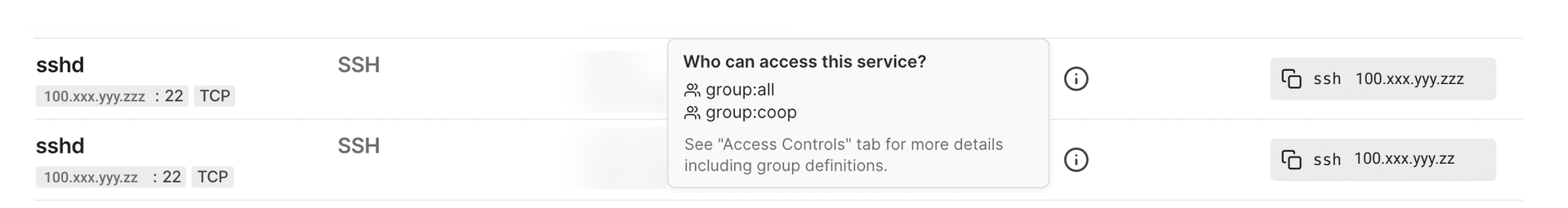 The endpoints preview with a tooltip stating 'Who can access this endpoint?'. In this example, 'group:all' and 'group:coop' are listed.